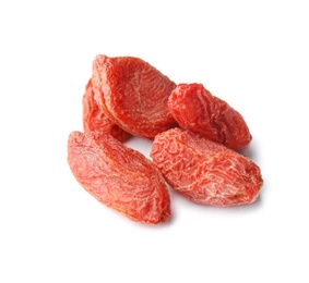 Pile of dried goji berries on white background