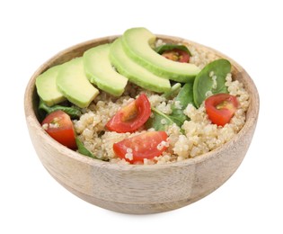 Photo of Delicious quinoa salad with tomatoes, avocado slices and spinach leaves isolated on white