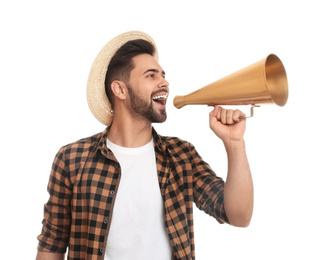 Young man with megaphone on white background