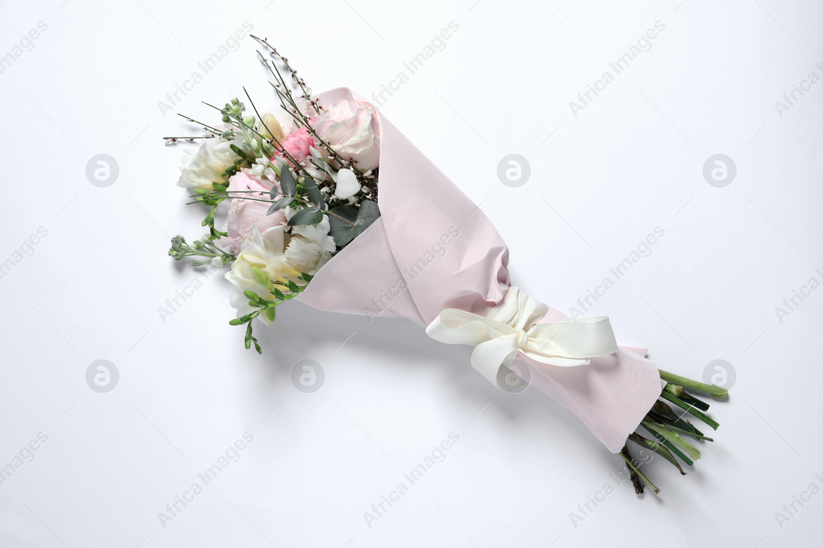 Photo of Bouquet of beautiful flowers on white background, top view