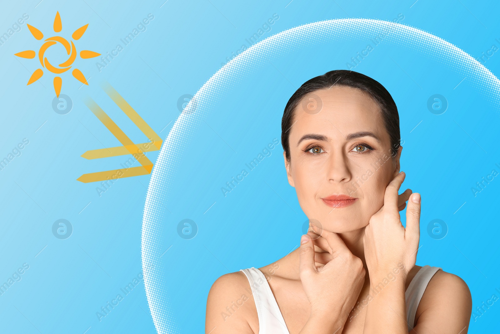 Image of Illustration of sun protection layer and beautiful mature woman with healthy skin on blue background