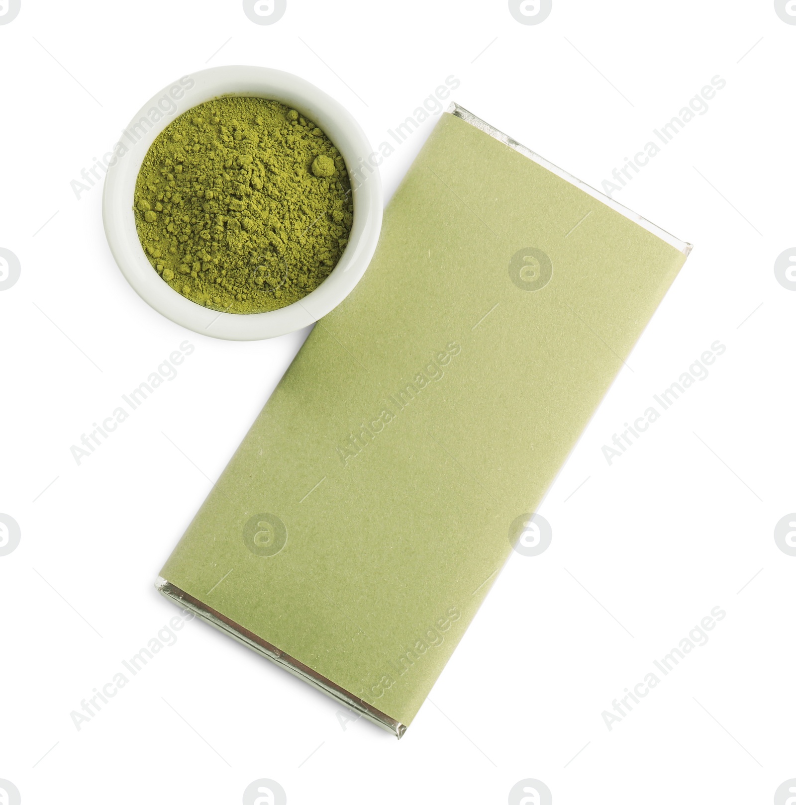 Photo of Tasty matcha chocolate bar in packaging and powder isolated on white, top view