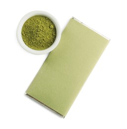 Photo of Tasty matcha chocolate bar in packaging and powder isolated on white, top view