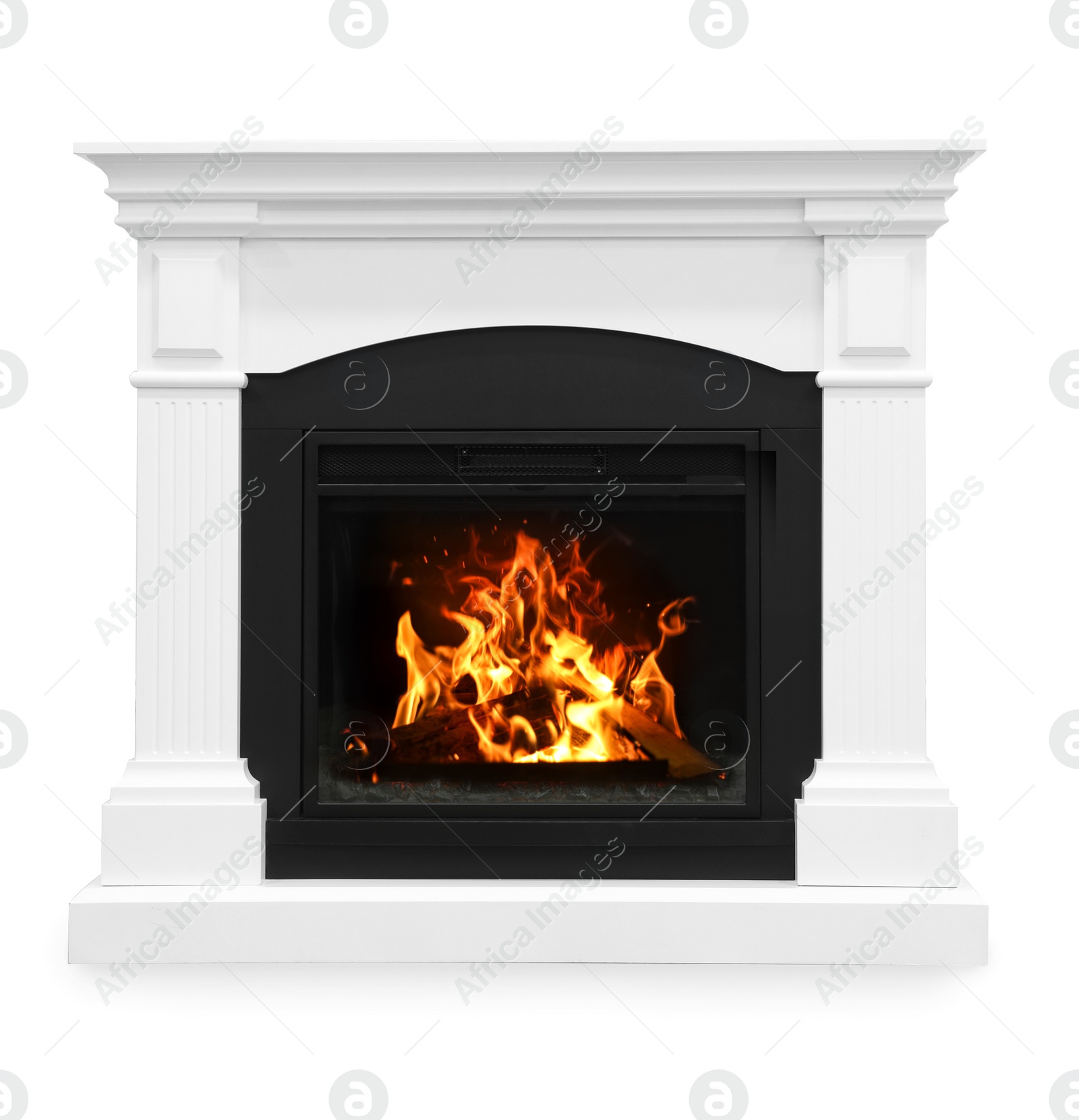 Photo of Decorative burning fireplace isolated on white. Interior design