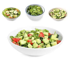 Image of Set of delicious salad with cucumbers and different ingredients on white background