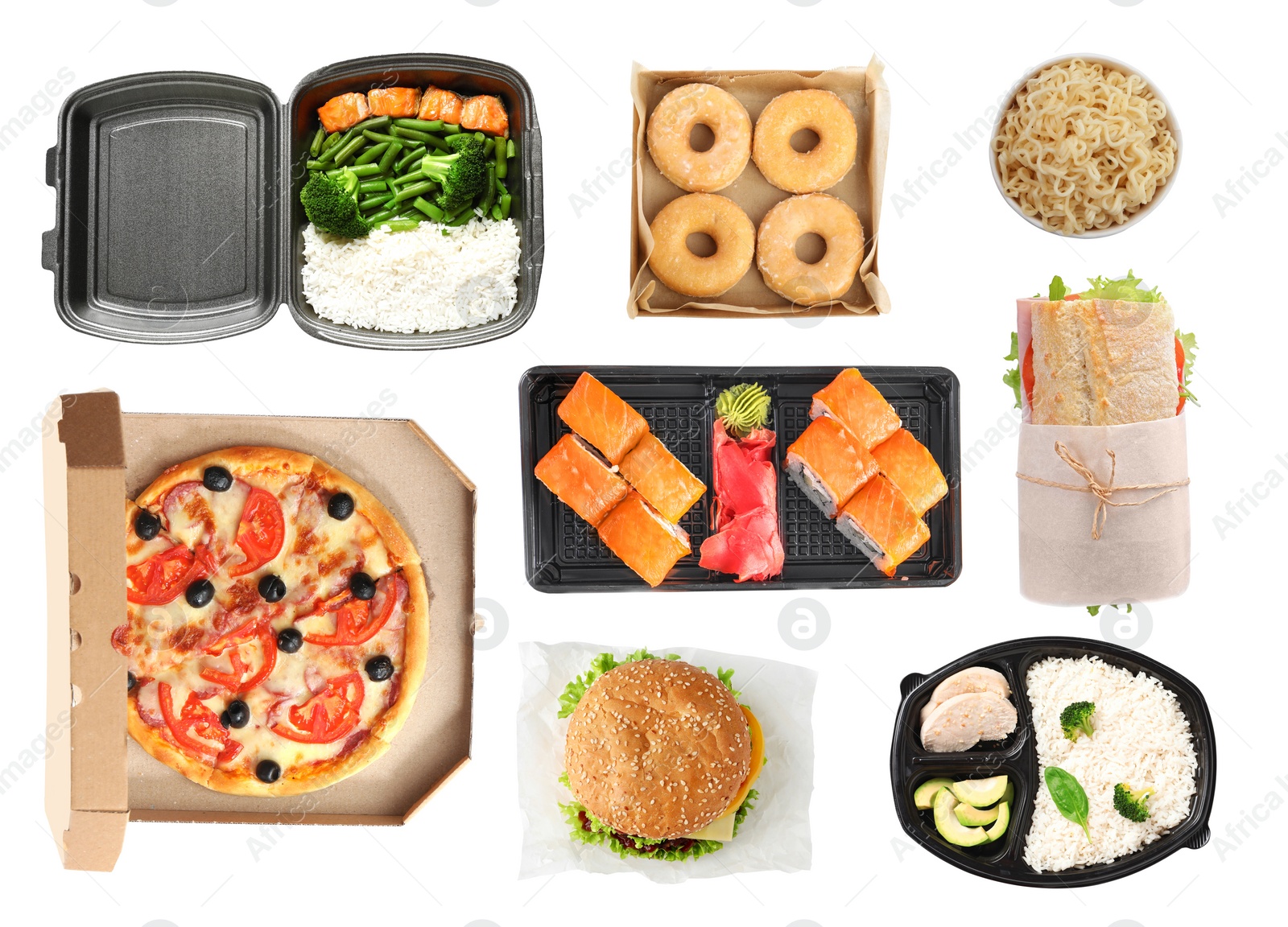 Image of Collage of fresh food on white background, top view. Online delivery