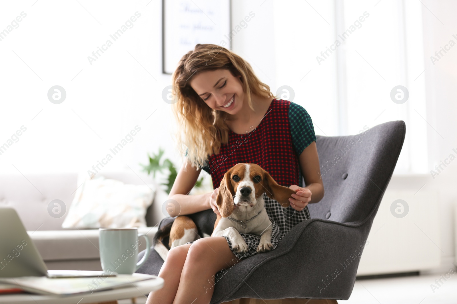 Photo of Young woman with her dog sitting in armchair at home