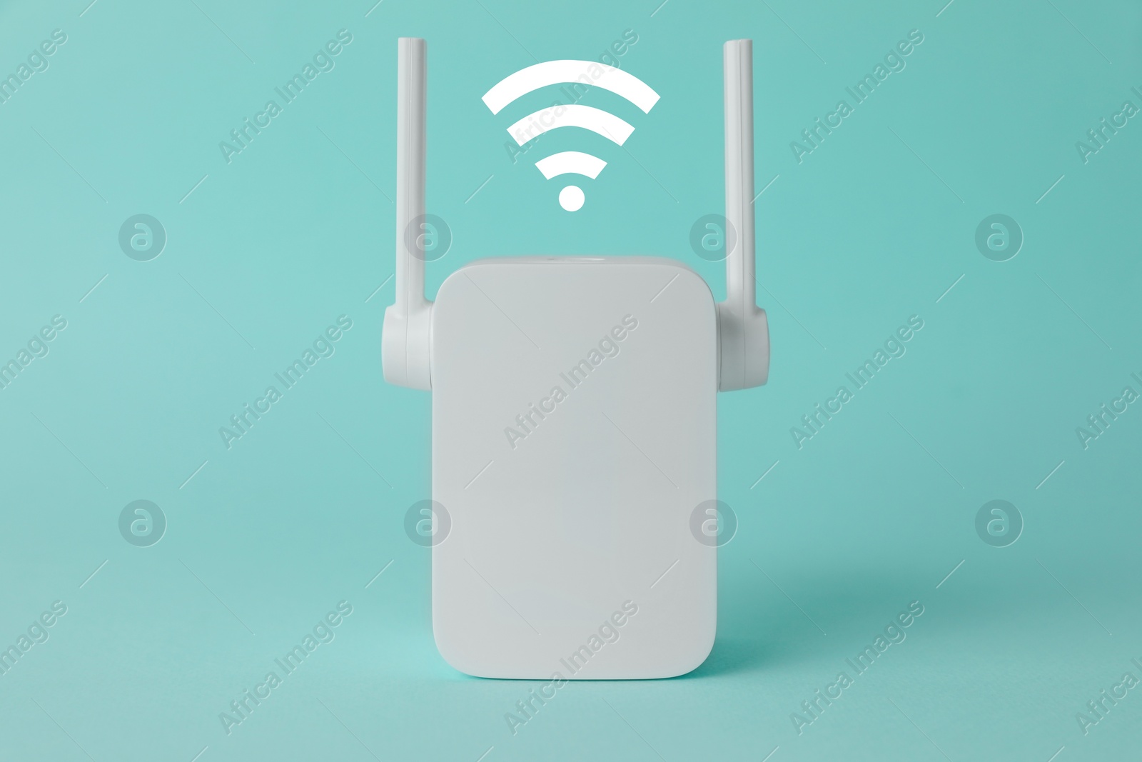 Image of New modern repeater and Wi-Fi symbol on turquoise background