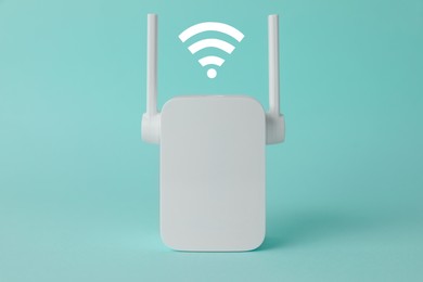 Image of New modern repeater and Wi-Fi symbol on turquoise background