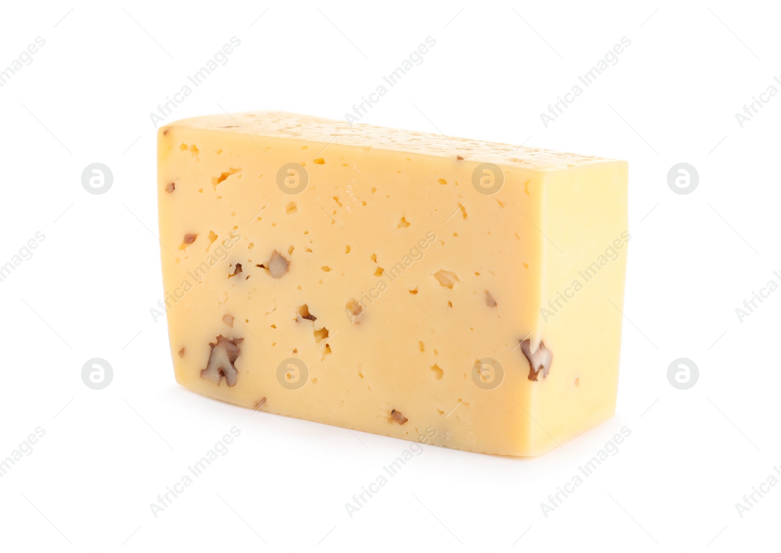 Photo of Piece of delicious cheese with nuts on white background