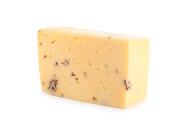 Photo of Piece of delicious cheese with nuts on white background