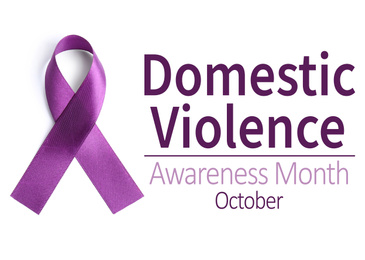 Image of Purple ribbon on white background, top view. Symbol of Domestic Violence Awareness