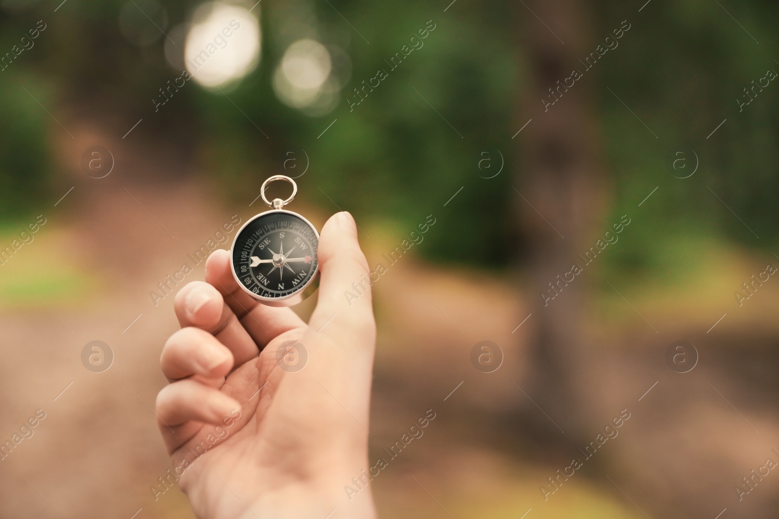 Photo of Woman checking modern compass in wilderness, closeup with space for text