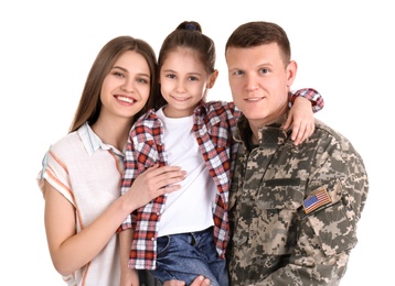 Photo of Male soldier with his family on white background. Military service