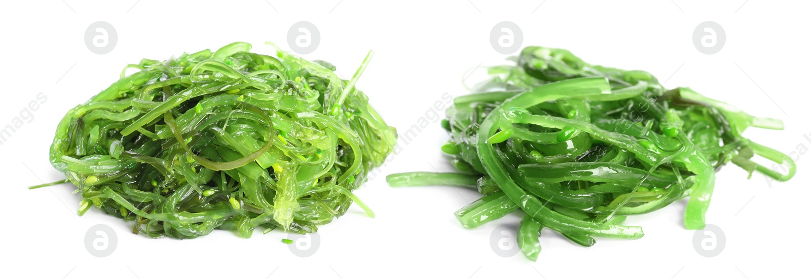 Image of Japanese seaweed salad on white background, collage