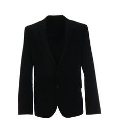 Stylish suit jacket on mannequin against white background. Men's clothes