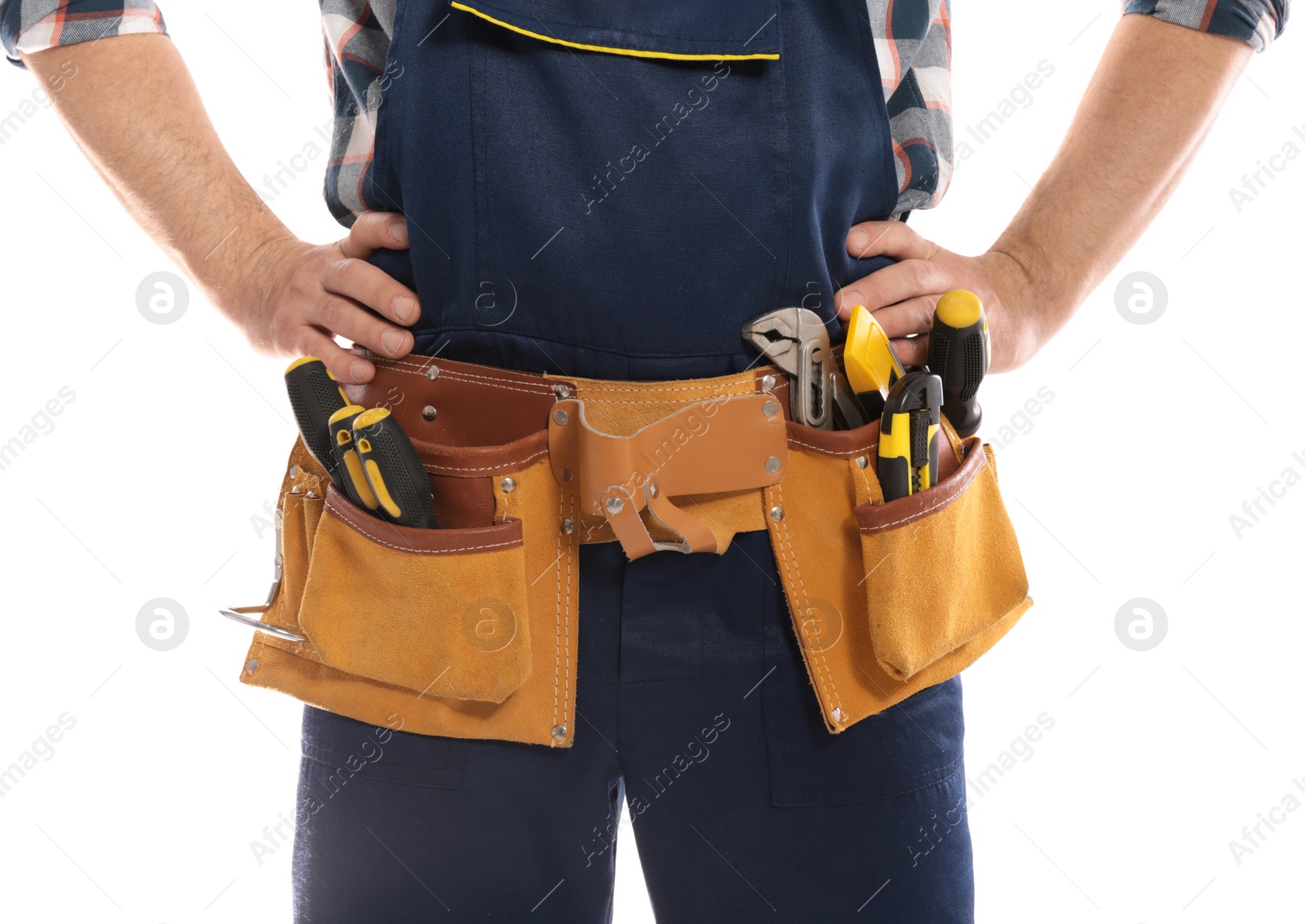 Photo of Professional construction worker with tool belt on white background, closeup