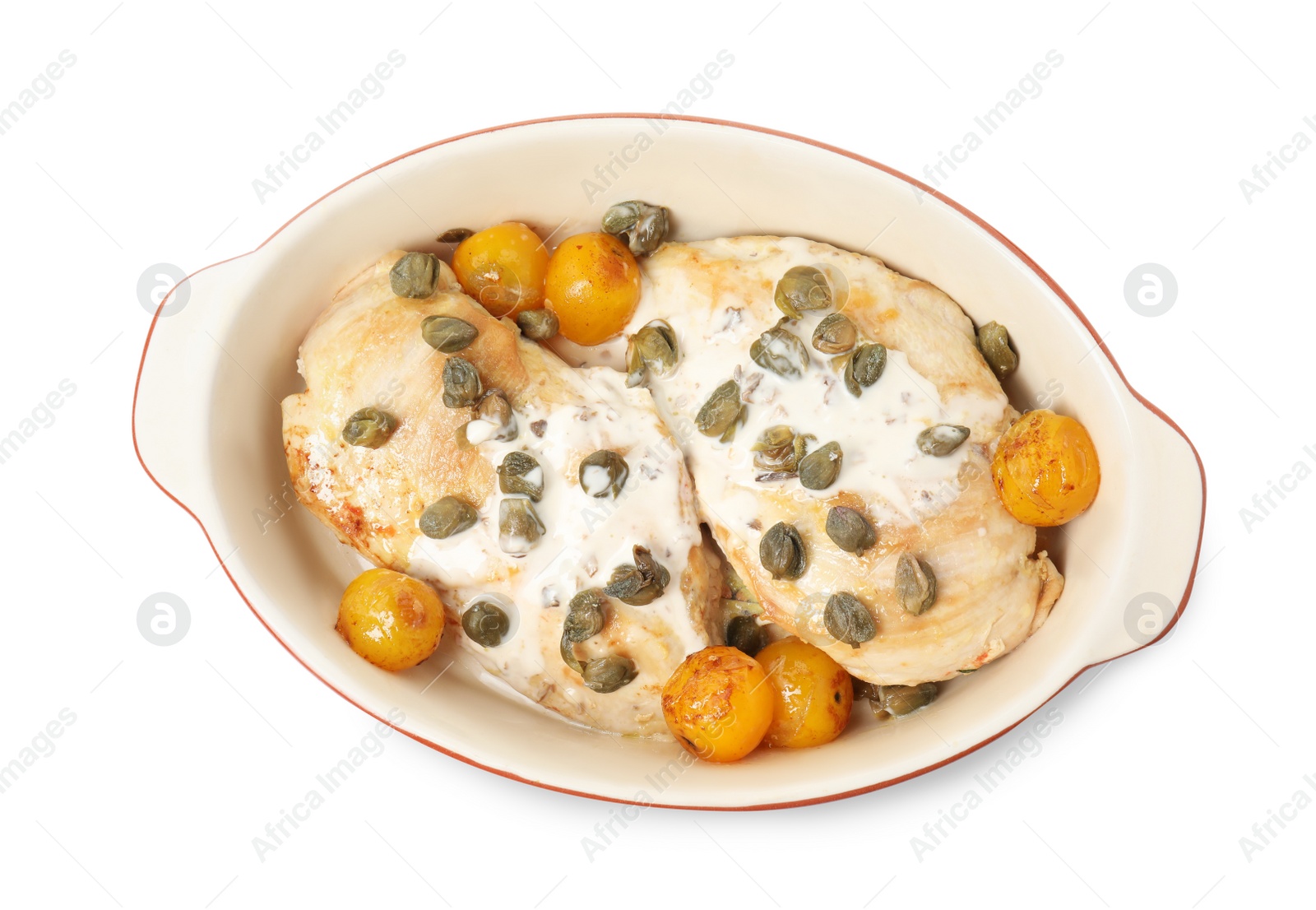 Photo of Delicious chicken fillets with capers, tomatoes and sauce in baking dish isolated on white, top view