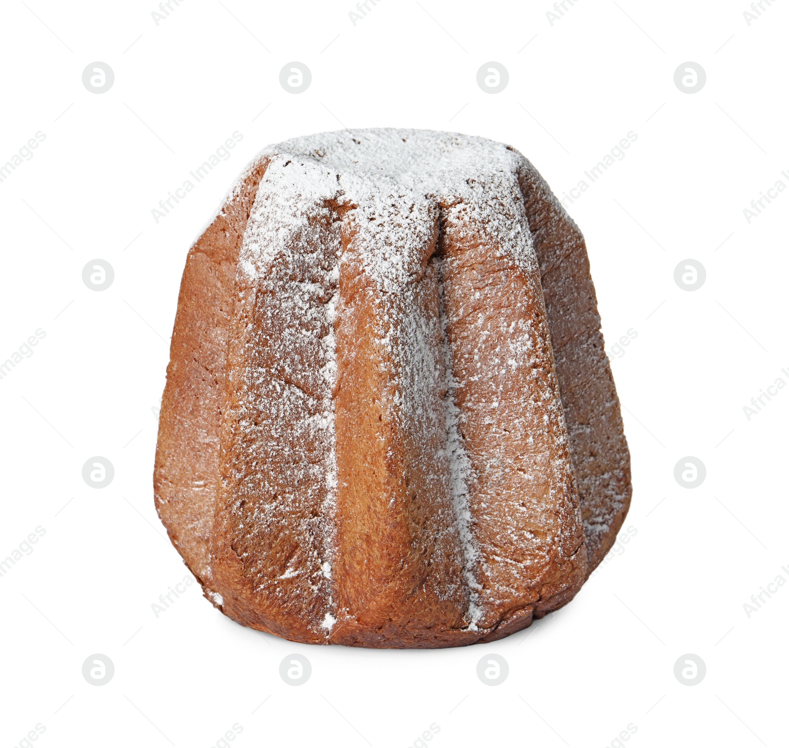 Photo of Delicious Pandoro cake decorated with powdered sugar isolated on white. Traditional Italian pastry