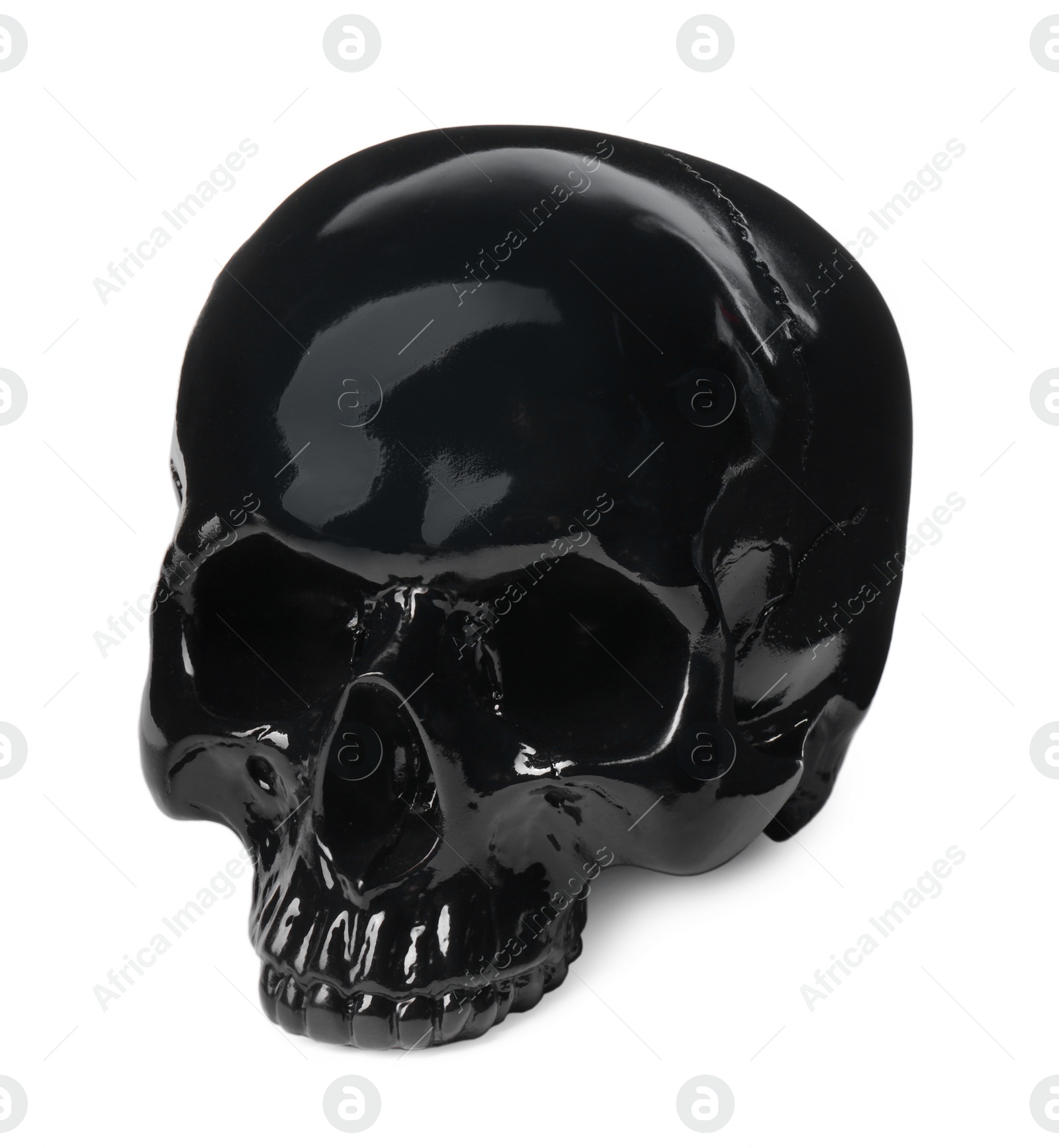 Photo of Black glossy human skull isolated on white