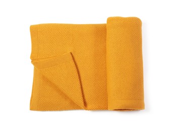 Photo of Beautiful yellow knitted blanket isolated on white, top view