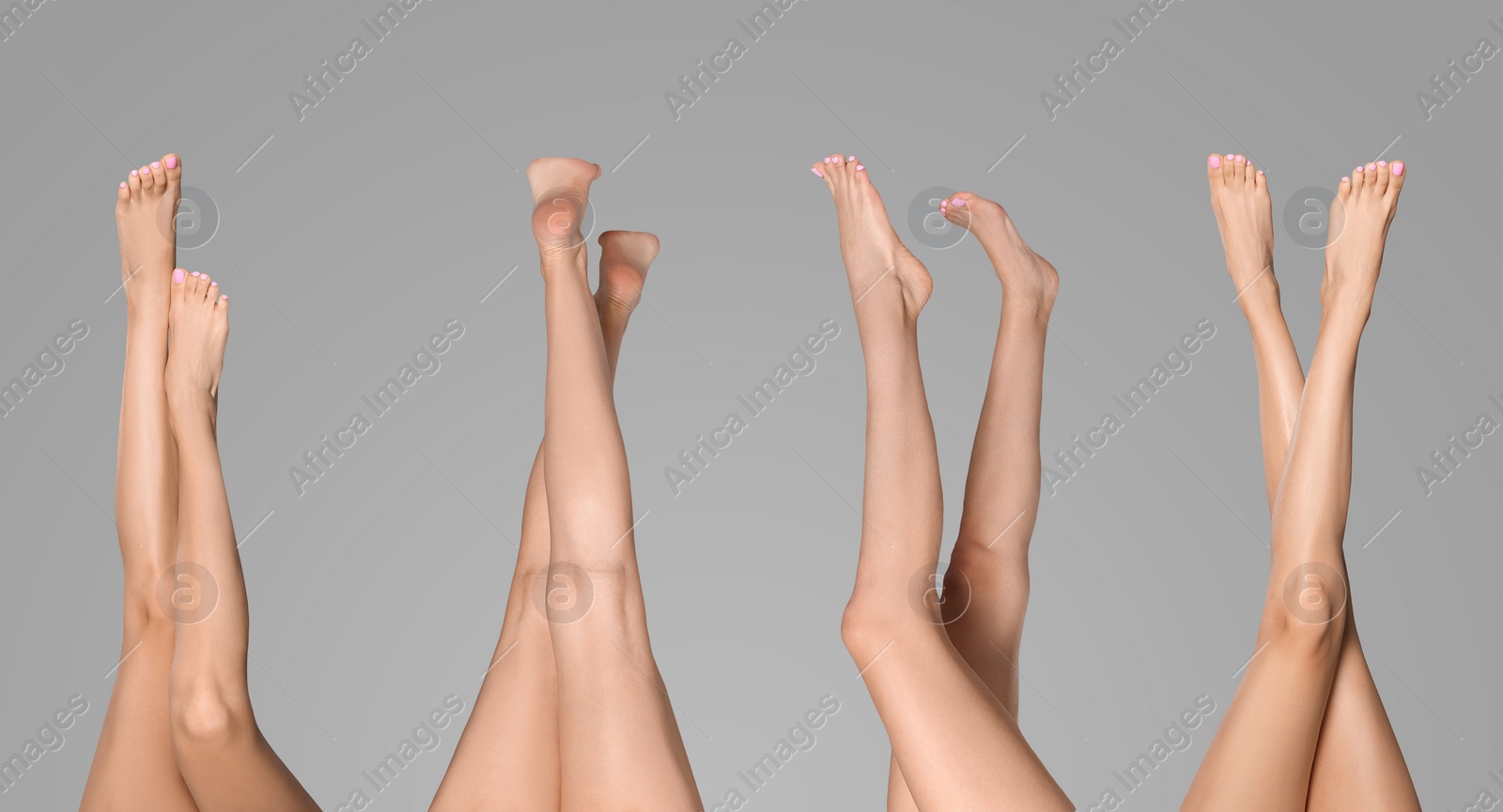 Image of Collage with photos of women with beautiful legs on grey background