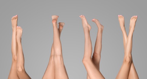 Image of Collage with photos of women with beautiful legs on grey background