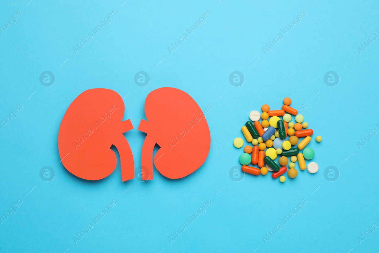 Photo of Paper cutout of kidneys and pills on light blue background, flat lay