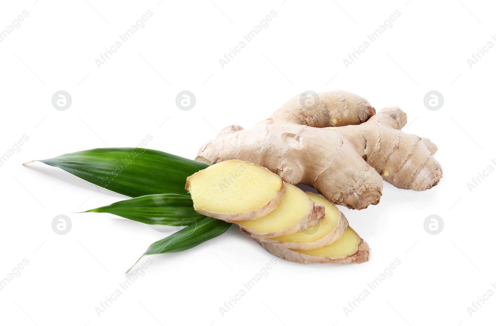 Photo of Whole and cut fresh ginger with leaves isolated on white