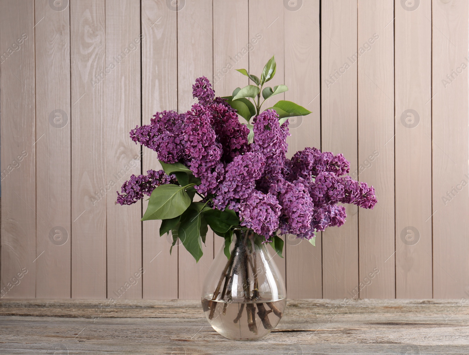 Photo of Beautiful lilac flowers in vase on wooden table