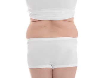 Photo of Overweight woman on white background, closeup. Weight loss