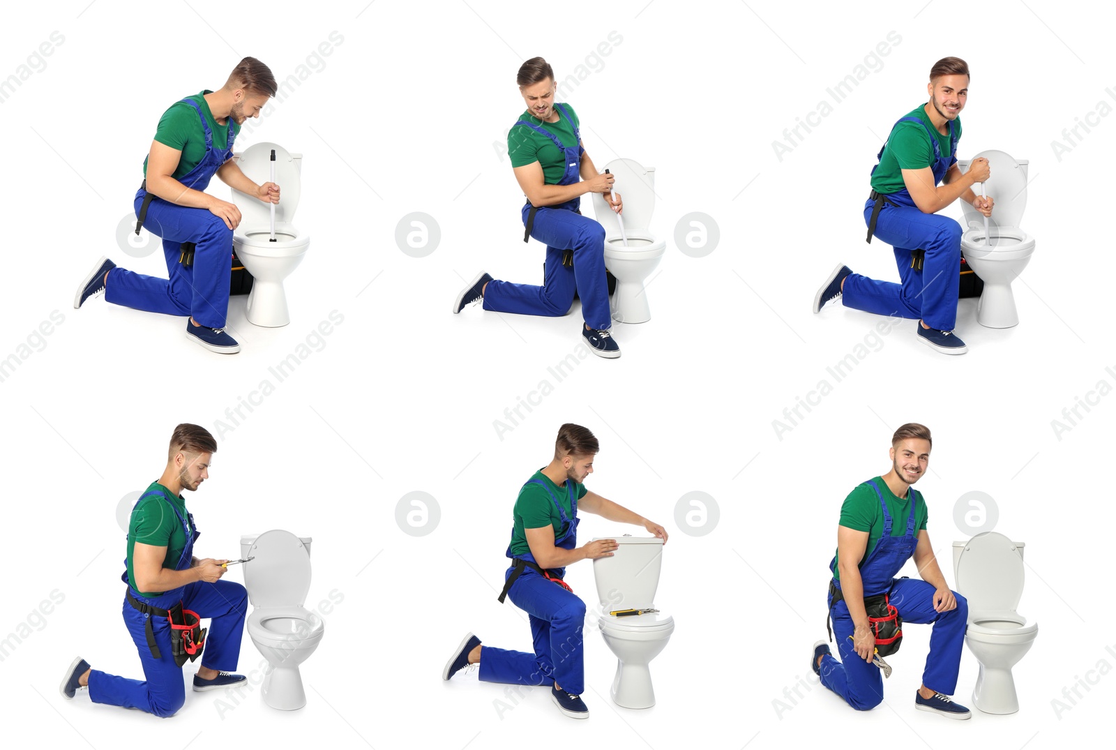 Image of Collage with photos of plumber on white background