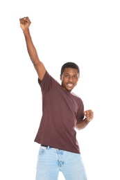 Photo of Portrait of emotional African-American man on white background