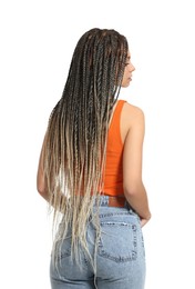 Photo of Woman with long african braids on white background, back view