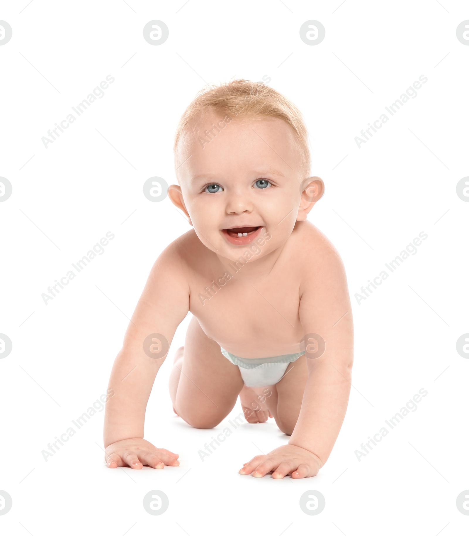 Photo of Cute little baby crawling on white background