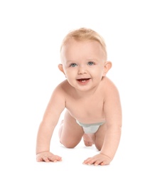 Cute little baby crawling on white background