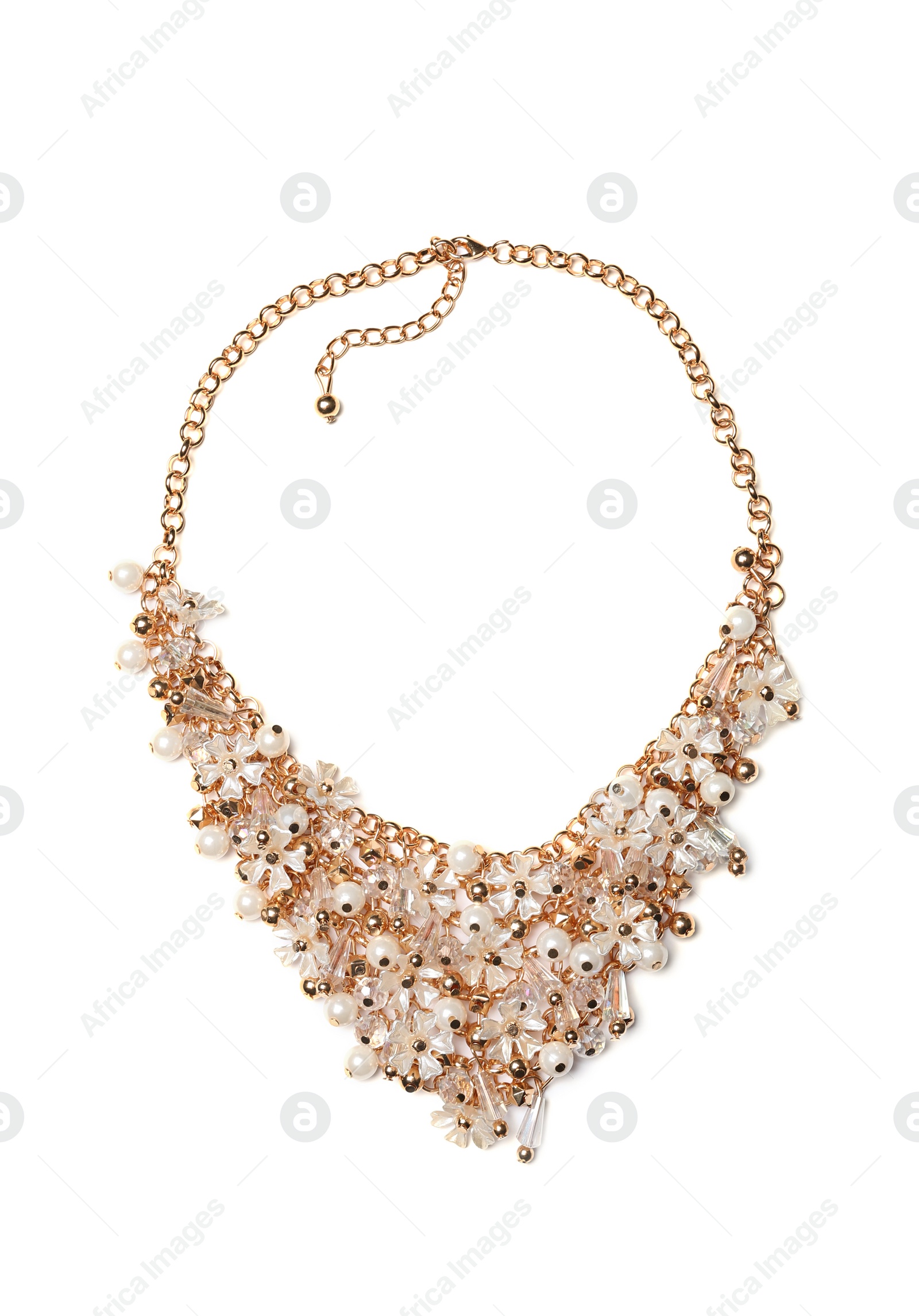 Photo of Stylish necklace with gemstones isolated on white, top view. Luxury jewelry