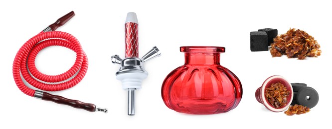 Image of Hookah kit on white background, collage. Banner design