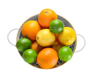 Photo of Colander with fresh fruits isolated on white, top view