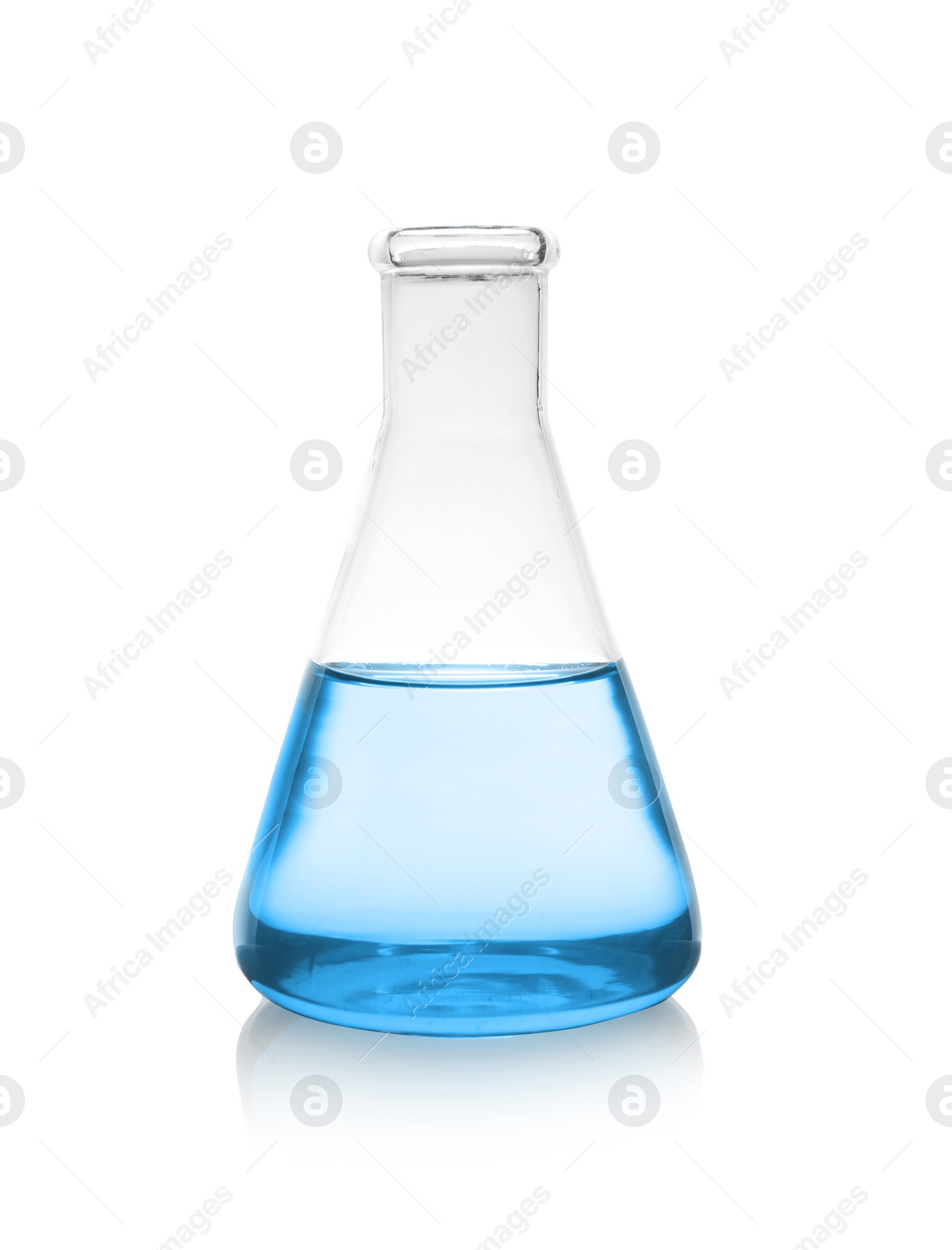 Image of Conical flask with blue liquid isolated on white. Laboratory glassware