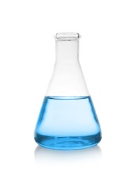Conical flask with blue liquid isolated on white. Laboratory glassware