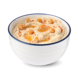 Photo of Bowl of tasty hummus with chickpeas and paprika isolated on white