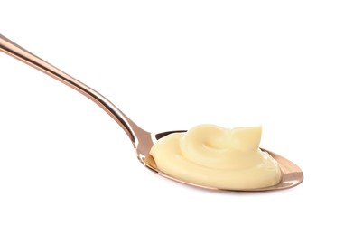 Photo of Spoon with tasty mayonnaise isolated on white