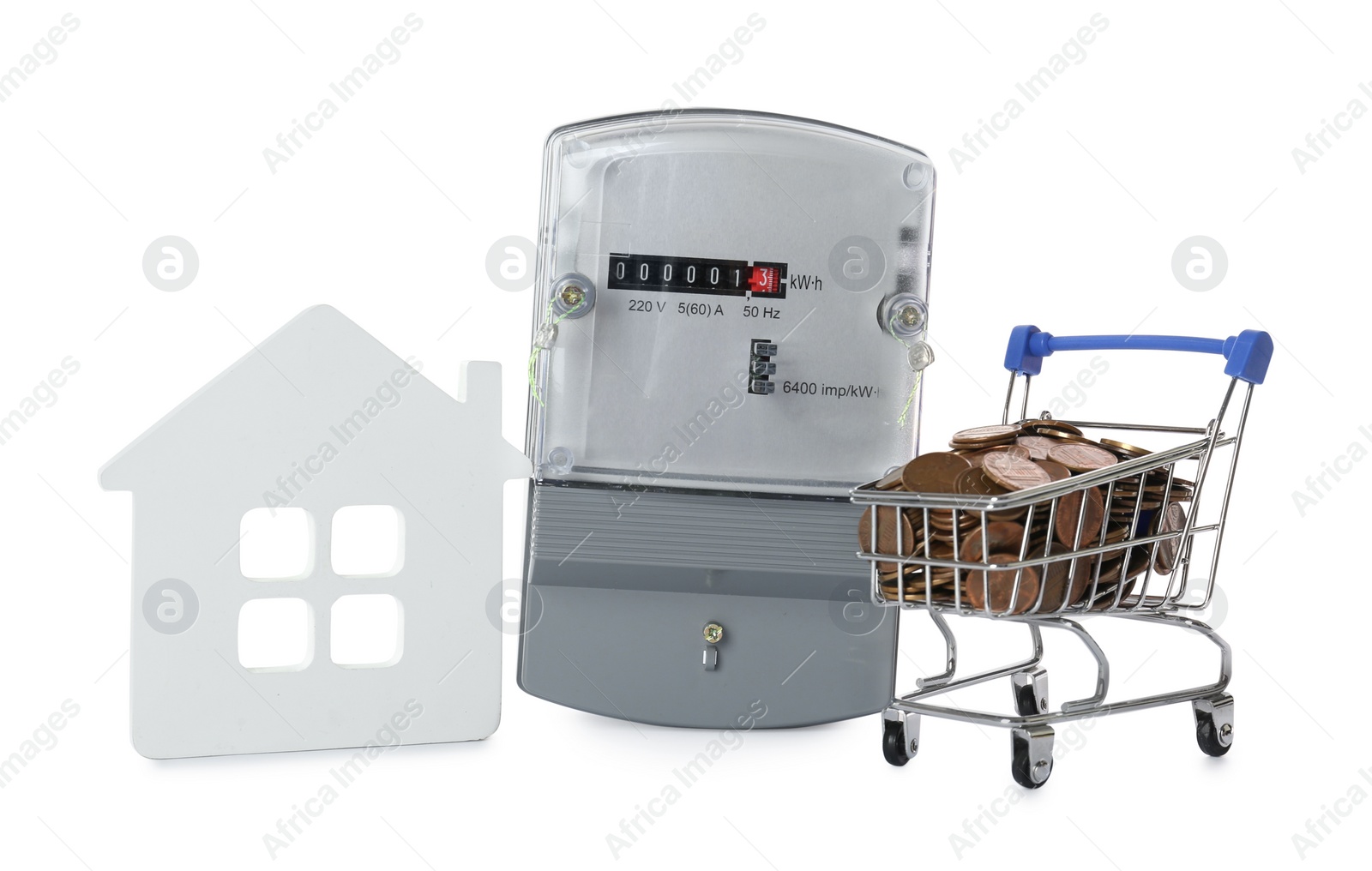 Photo of Electricity meter, house model and small shopping cart with coins on white background