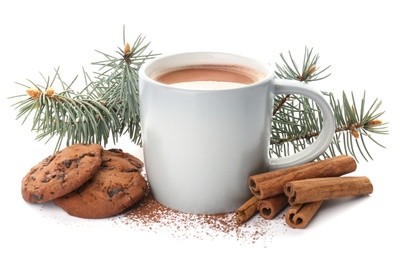 Photo of Composition with delicious hot cocoa drink and cookies on white background