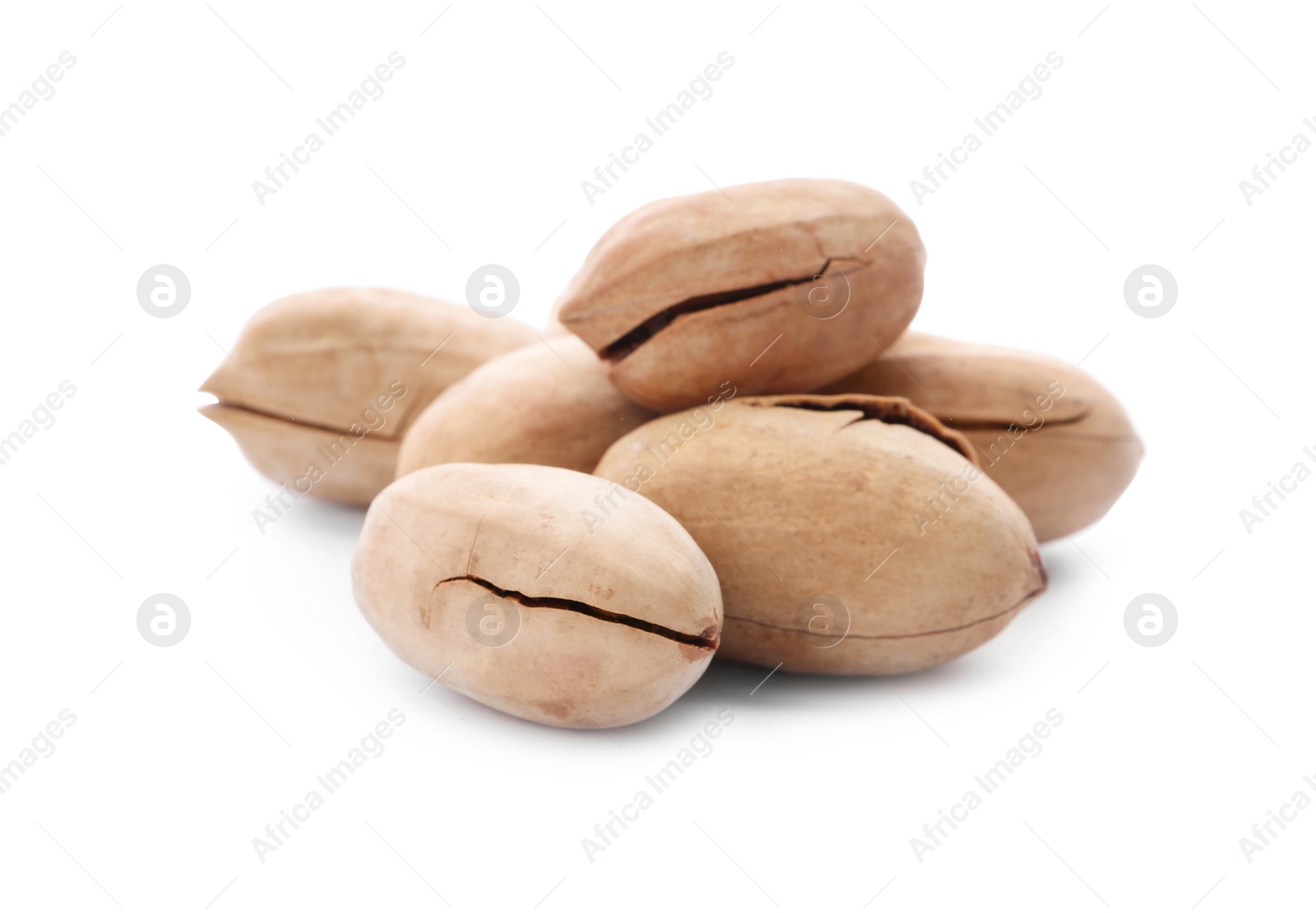 Photo of Heap of pecan nuts in shell on white background