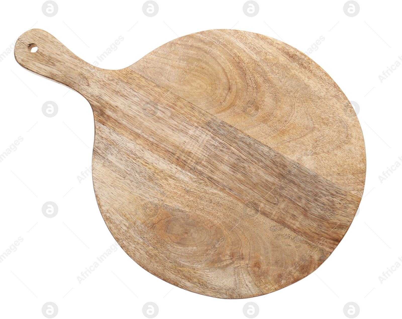 Photo of New wooden board isolated on white. Cooking utensils