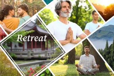 Image of Wellness retreat. Collage with beautiful landscapes and photos of people
