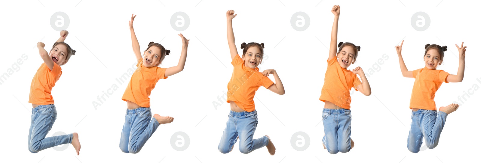 Image of Cute little girl jumping on white background, collage. Banner design