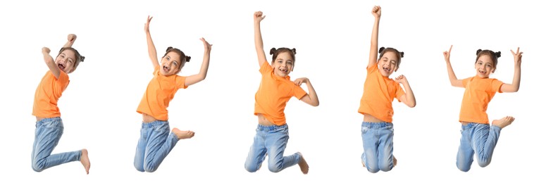 Image of Cute little girl jumping on white background, collage. Banner design